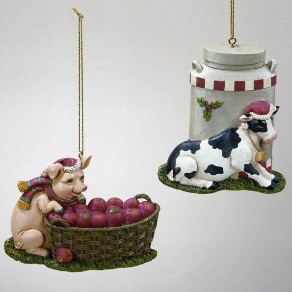 Item 100053 Apple Basket Pig/Milk Can Cow Ornament