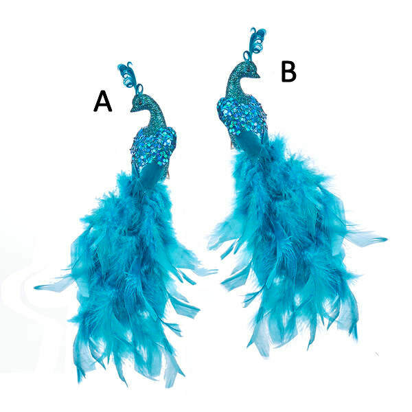 Item 102437 Teal Glittered Feather Peacock Clip-On Ornament