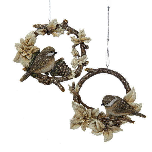 Item 102630 Songbird/Chickadee In Twig Wreath With Flowers Ornament