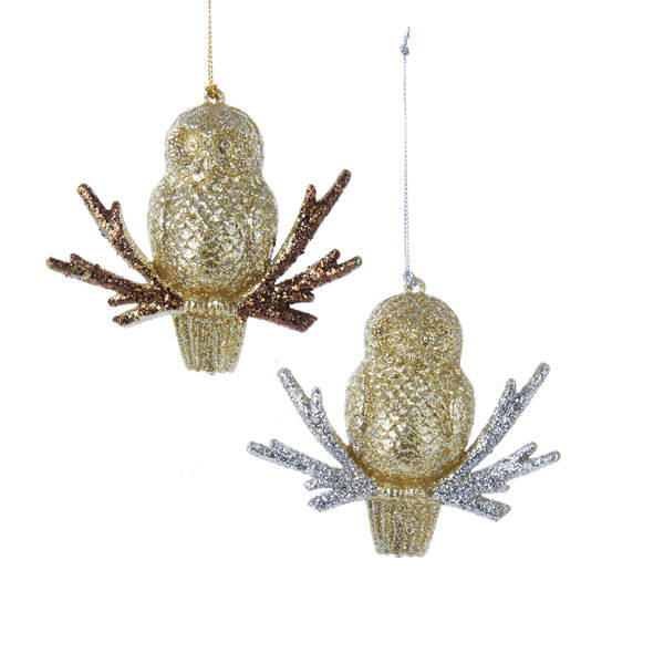 Item 102840 Gold/Platinum Glittered Owl With Branch Ornament