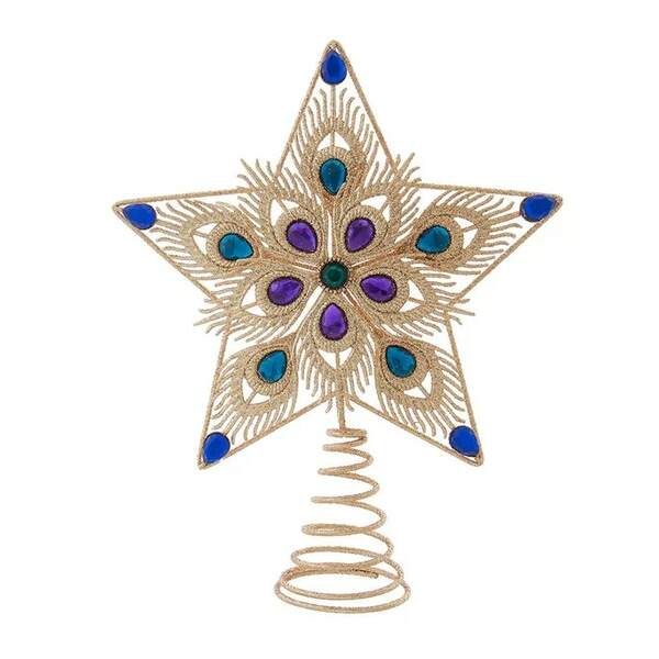 Item 104024 Gold Glittered With Peacock Gemstones Star Treetopper