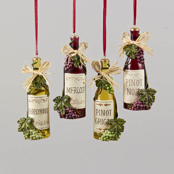 Item 104147 Chardonnay/Merlot/Pinot Grigio/Pinot Noir Wine Bottle With Grapes/Bow Ornament