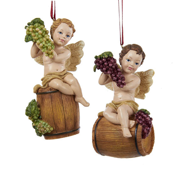 Item 104236 Cherub With Green/Purple Grapes On Wine Barrel Ornament