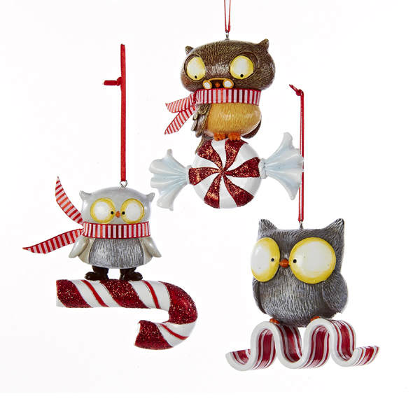 Item 104795 Owl With Red & White Candy Ornament