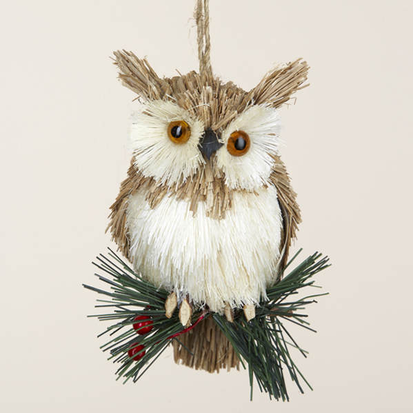 Item 105341 Natural Brown/White Owl On Pine Sprig With Berries Ornament