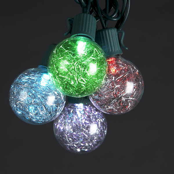 Item 106110 Set of 10 Silver Tinsel Ball Lights With Green Wire & Warm White Color Changing Bulbs