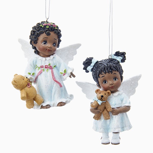Item 106205 African-American Little Angel In White Outfit With Teddy Bear Ornament