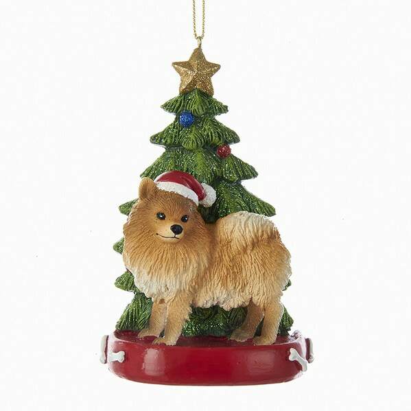 Item 106230 Pomeranian With Santa Hat, Christmas Tree, & Red Dog Bed Ornament