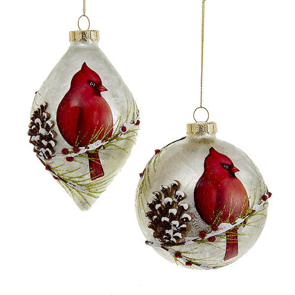 Item 106272 Cardinal With Pine Cone/Snowy Branch/Berries Finial/Ball Ornament