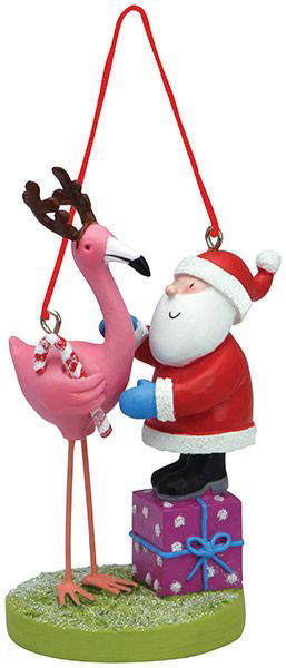 Item 108301 Santa/Flamingo With Gift/Candy Cane Ornament - Myrtle Beach