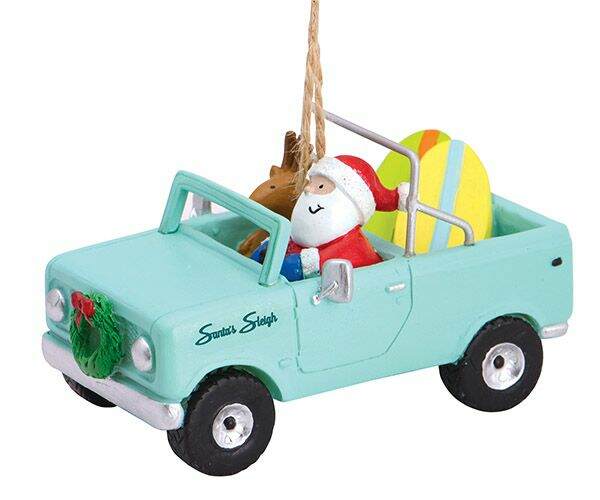 Item 108417 Santa And Friend In Scout With Surfboards Ornament