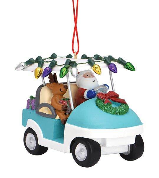 Item 109354 Santa and Reindeer In Golf Cart Ornament
