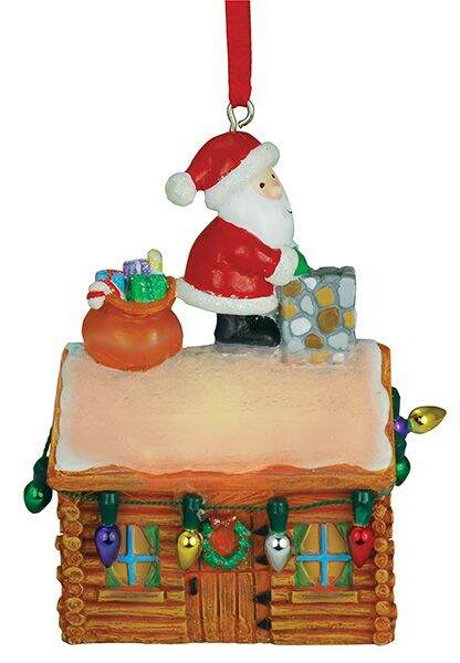 Item 109934 Light Up Santa On Log Cabin Ornament