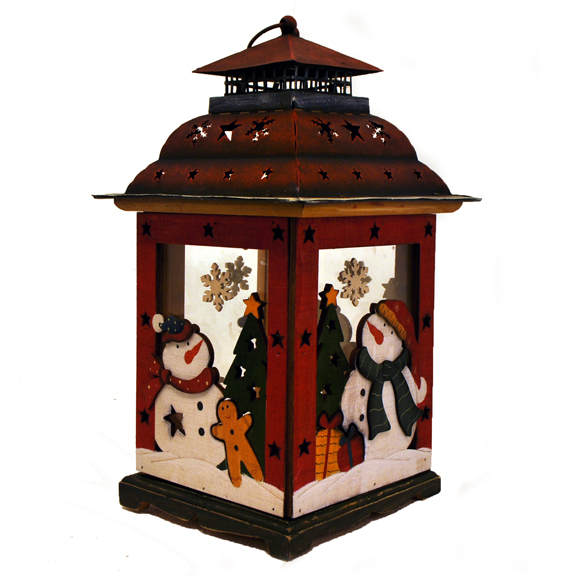 Item 127307 Red Lantern With Two Snowmen, Christmas Trees, Gingerbread, & Gifts
