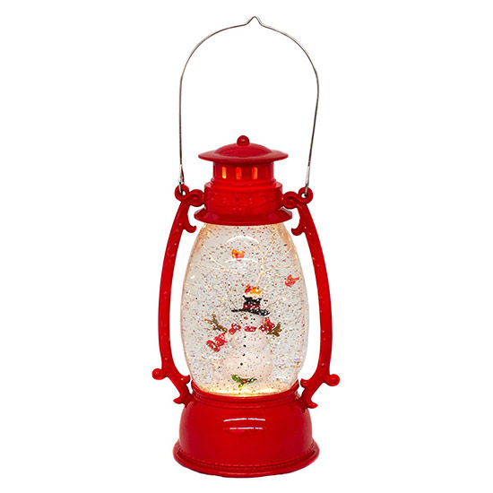 Item 134429 Lighted Cardinals and Snowman Red Water Lantern