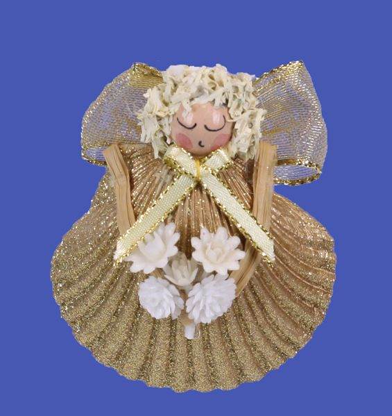 Item 151021 Gold Scallop Shell Angel With Flowers Ornament