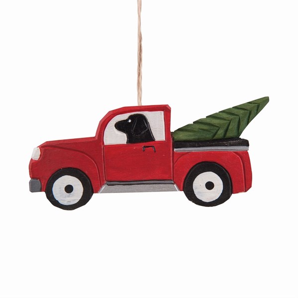 Item 177363 Black Labrador Retriever In Red Pickup Truck  Ornament