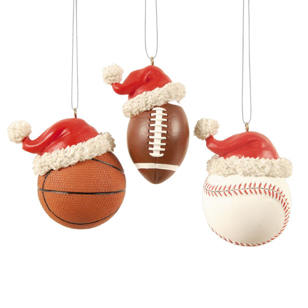 Item 177546 Basketball/Football/Baseball With Santa Hat Ornament