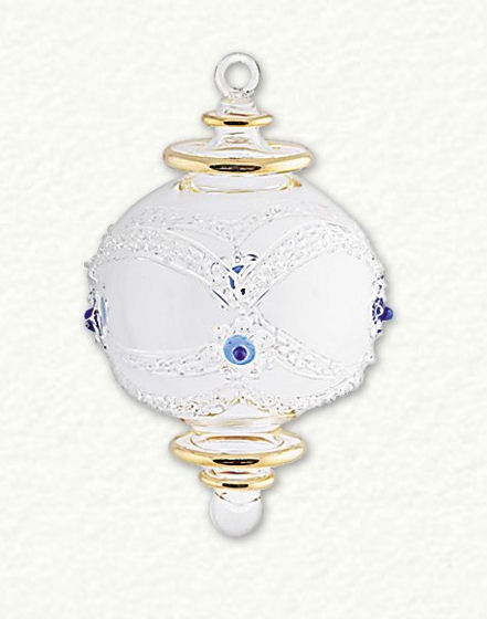 Item 186350 Clear/Blue/Gold Etched Ball With Drop Ornament