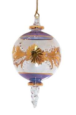 Item 186902 Blue/Gold Etched Ball With Twist Drop Ornament