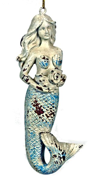 Item 220136 White/Blue Rustic Look Mermaid With Shell Ornament