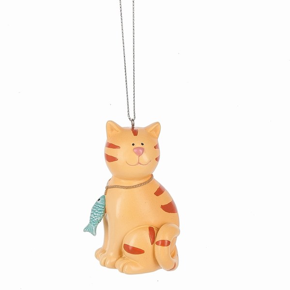 Item 261669 Orange Tabby Cat With Fish Necklace Ornament
