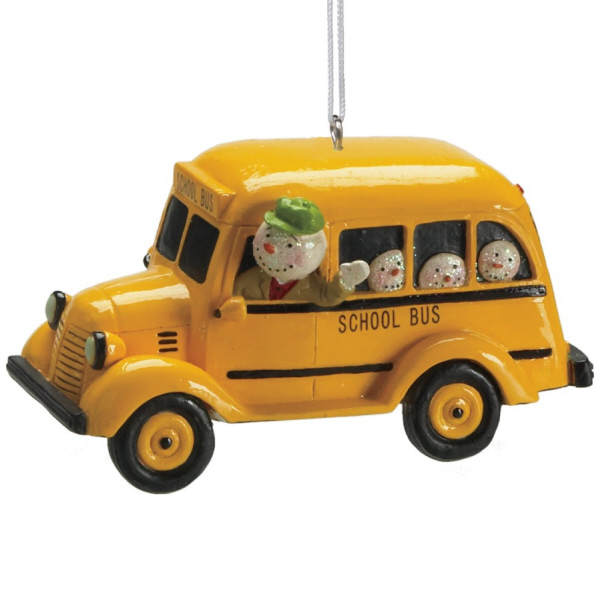 Item 261819 Snowman Bus Driver In Yellow School Bus With Snow Kids Ornament