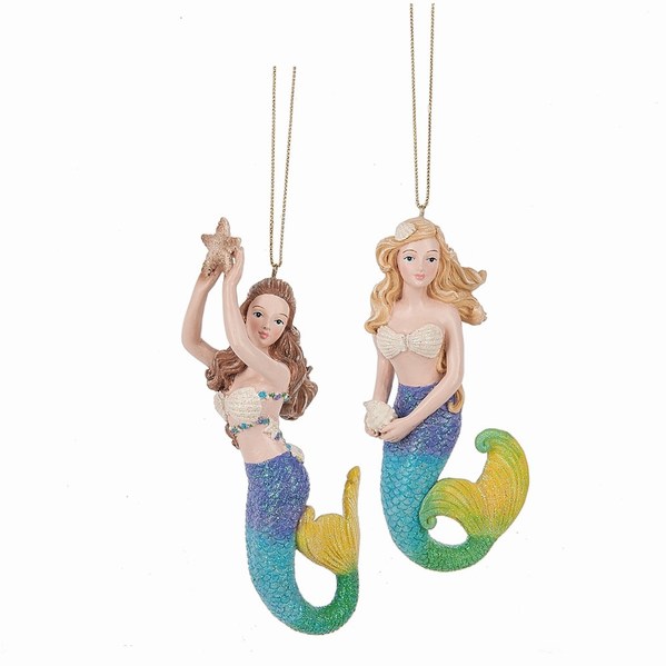 Item 261920 Brunette/Blonde Mermaid With Starfish/Shell & Multicolor Tail Ornament