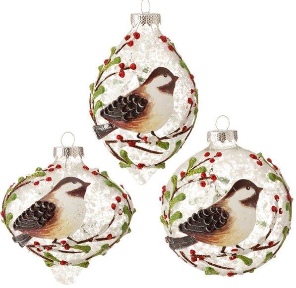 Item 281050 Brown/White Bird With Berries & Branch Finial/Onion/Ball Ornament