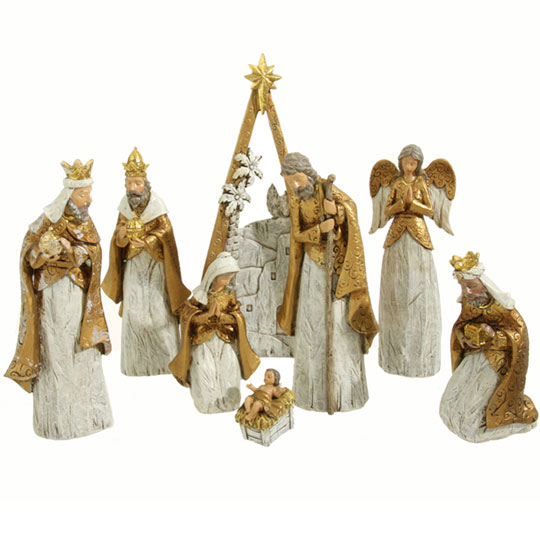 Item 281552 8 Piece Gold & White Wood Look Nativity Set