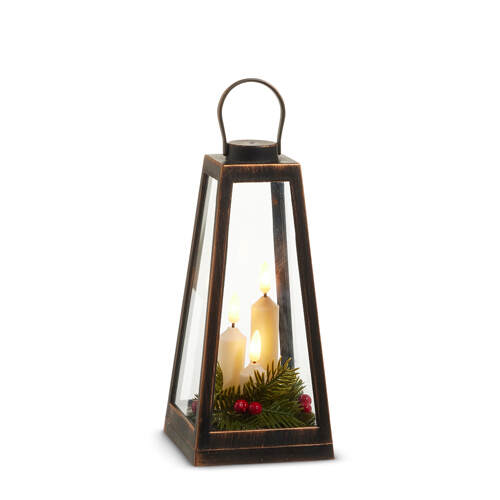 Item 281823 Distressed Lantern With Candles And Greenery