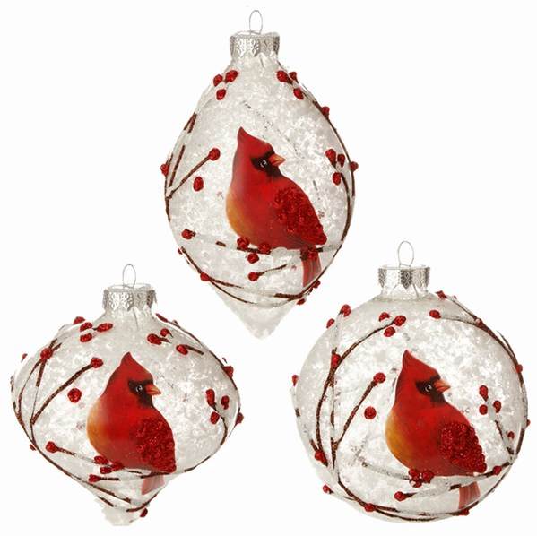 Item 281843 Cardinal With Berries & Branch White Finial/Onion/Ball Ornament