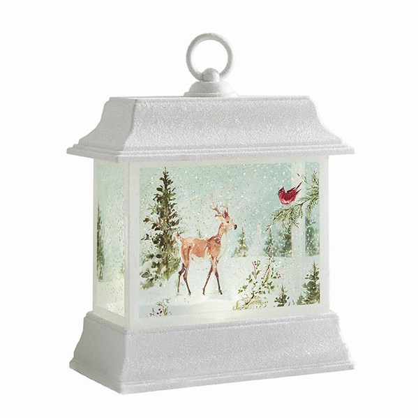 Item 282030 White Lighted Deer & Cardinal With Trees Water Lantern