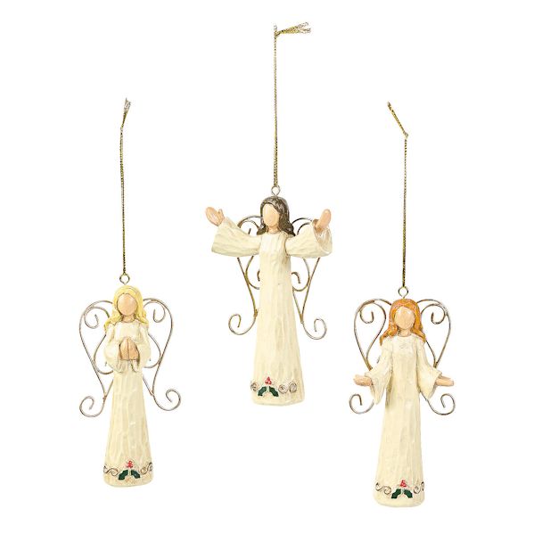 Item 291054 Carved Wood Look White Angel With Gold Spiral Wings Ornament