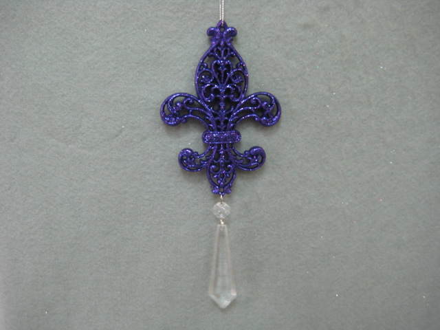 Item 302035 Purple Glittered Fleur-De-Lis With Clear Drop Ornament