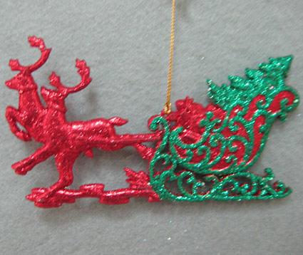 Item 302196 Green/Red Glittered Sleigh With Reindeer Ornament