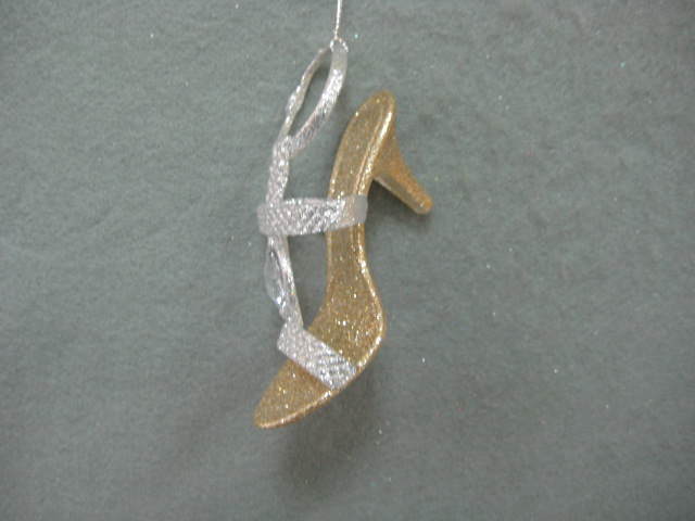 Item 302282 Champagne Gold/Silver Glitter High Heel Shoe With Clear Jewel Ornament
