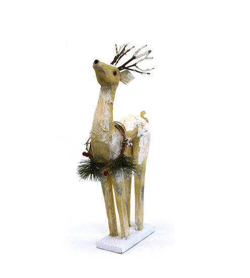 Item 340148 Tan/White Rustic Reindeer With Wreath On White Base Stander