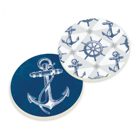 Item 364214 Blue & White Anchors & Ship's Wheel Car Coasters 2-Pack