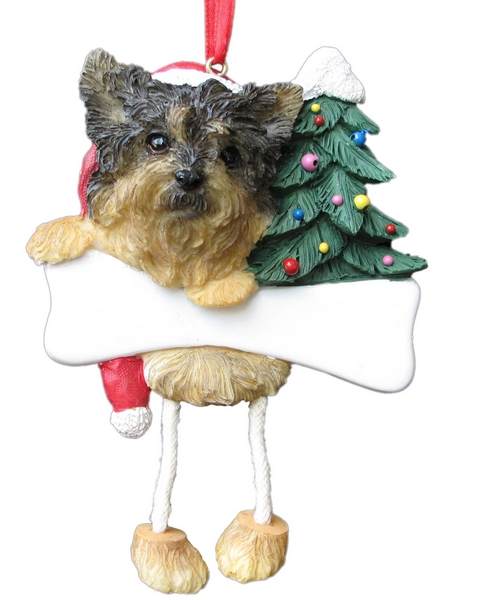Item 407005 Puppy Cut Yorkie With Santa Hat/Christmas Tree/Bone Dangle Ornament