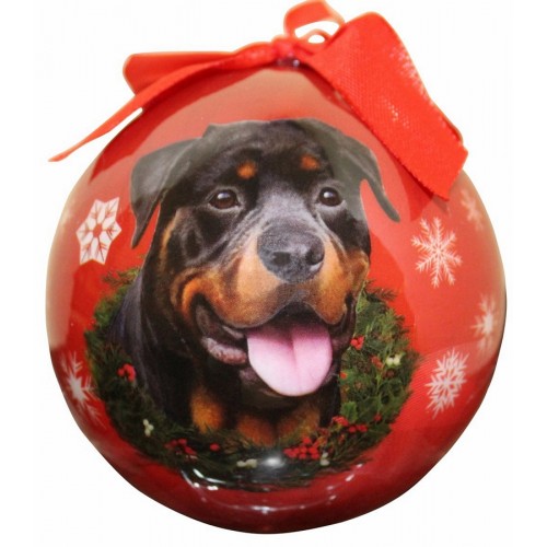 Item 407090 Shatterproof Rottweiler With Wreath On Red Ball Ornament
