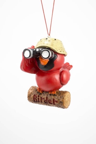 Item 483821 Birder Cardinal With Binoculars & Hat On Log Ornament