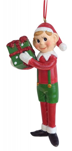 Item 483943 Red, Green, & Whie Pixie Holding Gift Ornament