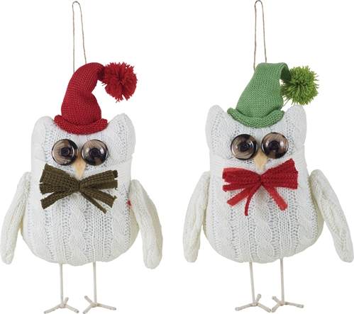 Item 501514 White Owl With Red/Green Hat Ornament