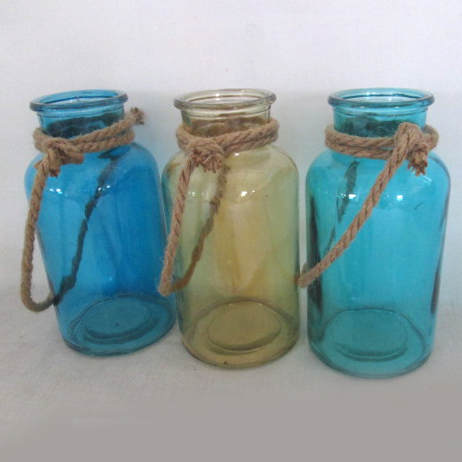 Item 519110 Blue, Gold, & Aqua Bottle Shape Vase With Rope Sit Around