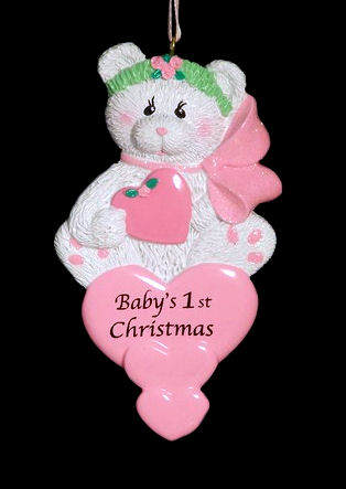 Item 525089 Pink Baby's First Christmas Bear With Hearts Ornament