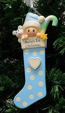 Item 525133 Long Blue Baby's First Christmas Stocking With Baby/Toys Ornament