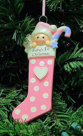 Item 525134 Long Pink Baby's First Christmas Stocking With Baby/Toys Ornament