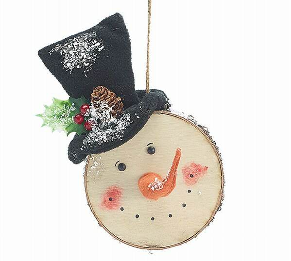 Item 527061 Flocked Snowman Head With Top Hat Ornament