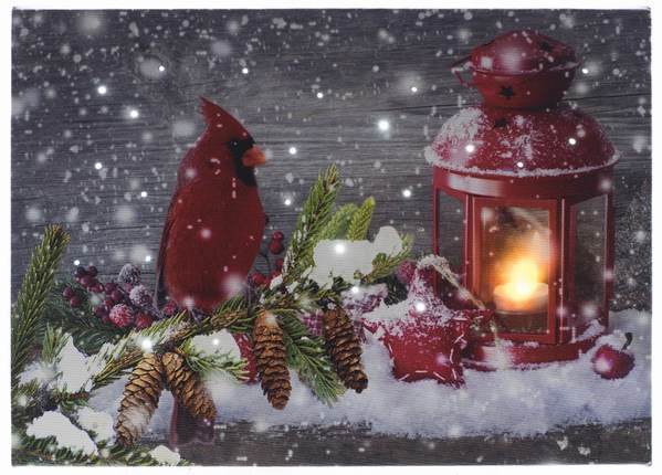 Item 558225 Tabletop Cardinal With Red Lantern Lighted Canvas